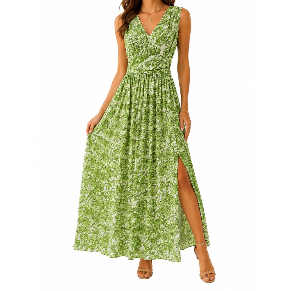 Steve Madden Green Snakeskin Print V-Neck Maxi Dress Sleeveless Side Slit Size M